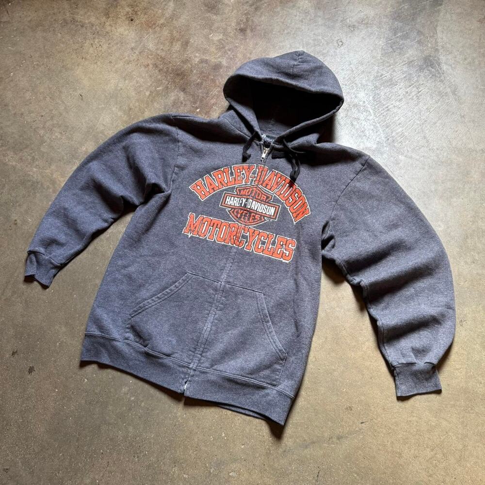 Vintage 2000’s Harley Davidson shield Biker Grey Zip Up Hoodie Medium